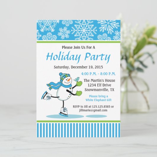 Snowman Skating Holiday Party Uitnodiging (Staand voorkant)