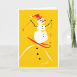 Snowman skiing feestdagen kaart<br><div class="desc">Het kan een sneeuwvrouw zijn. Of meisje of jongen. In de winter een sneeuwige kleine berg neerhalen. Het moet winter zijn.</div>