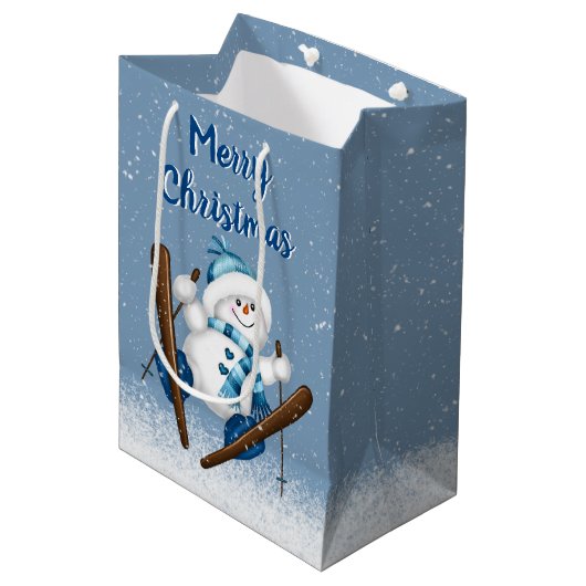Snowman Skiing in Snowflakes Medium Cadeauzakje (Voorkant Gekanteld)