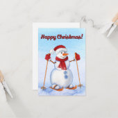 Snowman Skiing Waterverf Kerstwinter Kaart (Voorkant / Achterkant in situ)