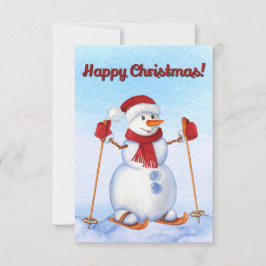 Snowman Skiing Waterverf Kerstwinter Kaart