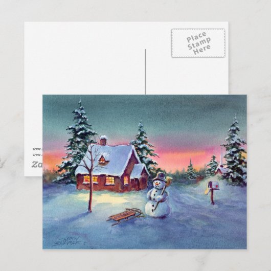 SNOWMAN & SLED by SHARON SHARPE Briefkaart (Voorkant / Achterkant)
