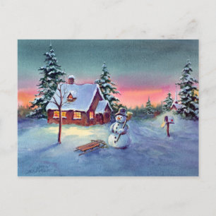 SNOWMAN & SLED by SHARON SHARPE Briefkaart