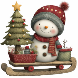 Snowman Sled Ride Staand Fotobeeldje