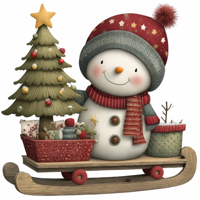 Snowman Sled Ride Staand Fotobeeldje (Voorkant)