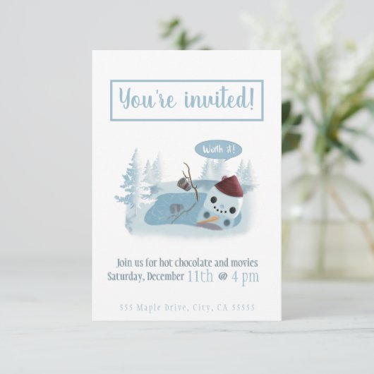 Snowman smelten met cacao kaart (Staand voorkant)