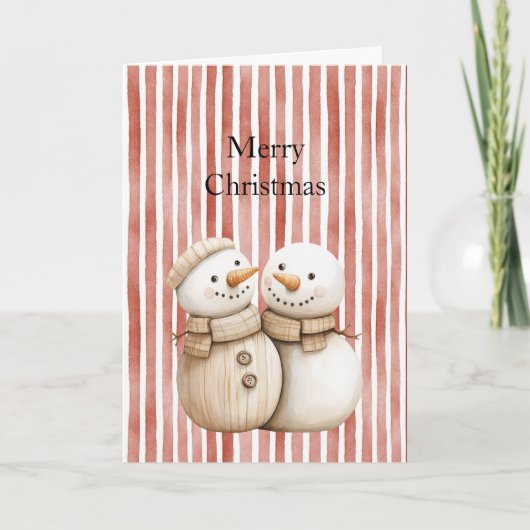 Snowman Snow Couple Red Stripes Christmas Kaart (Voorkant)