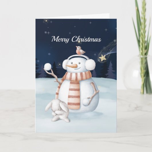 Snowman Snowballen Rabbit Night Sky Feestdagen Kaart (Voorkant)