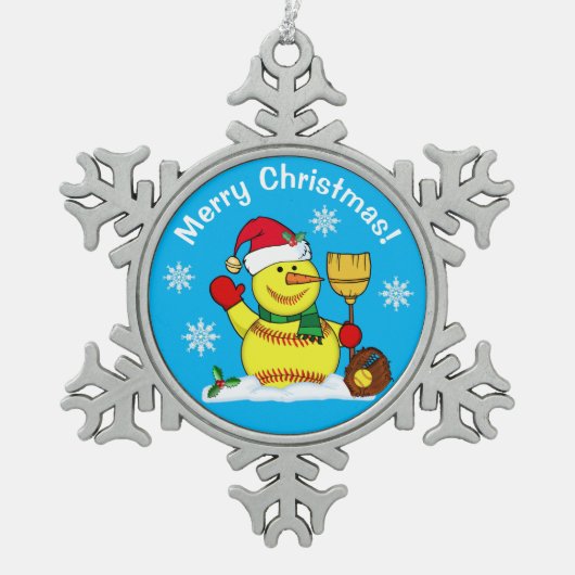 Snowman Snowflake Softball-kerstsieraden Tin Sneeuwvlok Ornament (Voorkant)