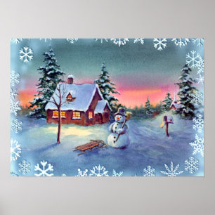 SNOWMAN, SNOWFLAKES EN SLED DOOR SHARON SHARPE POSTER