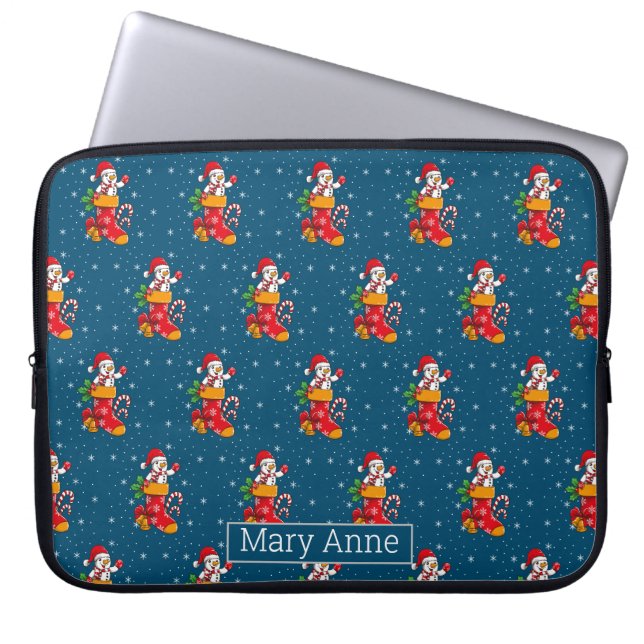 Snowman Snowflakes Kerst Patroon Blauw Laptop Sleeve (Voorkant)