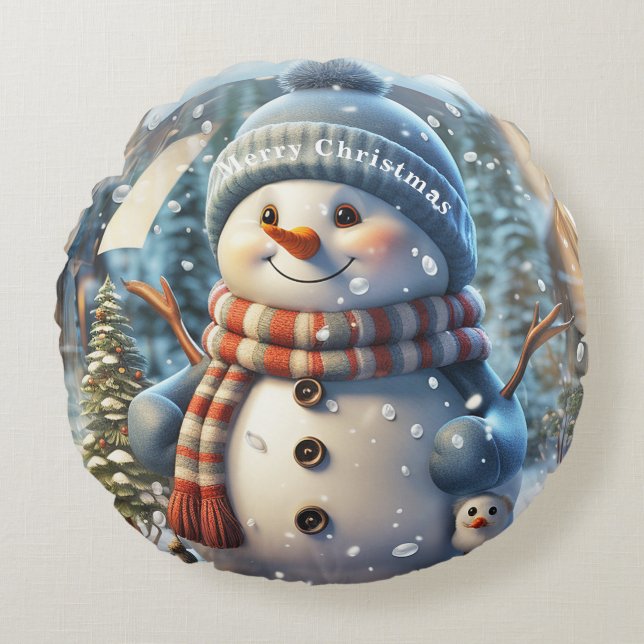 Snowman Snowglobe Rond Kussen (Voorkant)
