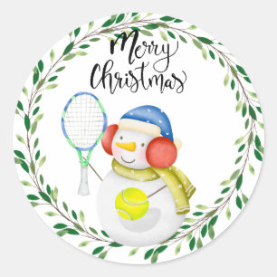 Snowman speelt tennis waterverf ronde sticker