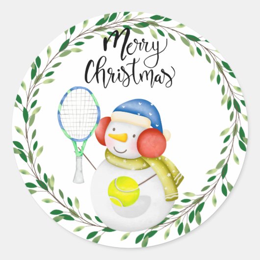 Snowman speelt tennis waterverf ronde sticker (Voorkant)