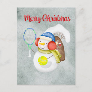 Snowman speelt waterverf voor kerstmis tennis feestdagenkaart