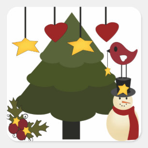 Snowman Stars Bird Cute Kerstmis Feestdagen Tree Vierkante Sticker