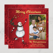 Snowman Stars on Red Photo Holiday Greeting Feestdagenkaart (Voorkant / Achterkant)