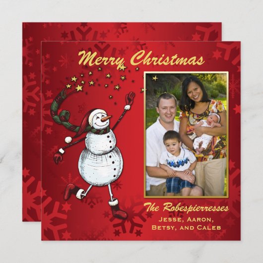 Snowman Stars on Red Photo Holiday Greeting Feestdagenkaart (Voorkant / Achterkant)