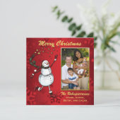 Snowman Stars on Red Photo Holiday Greeting Feestdagenkaart (Staand voorkant)