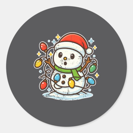 Snowman Tangled In Holiday Lights Premium Tri-blen Ronde Sticker (Voorkant)