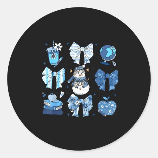 Snowman Teacher Winter Bows Clroom Cute Blue Aesth Ronde Sticker (Voorkant)