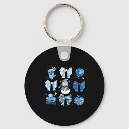 Snowman Teacher Winter Bows Clroom Cute Blue Aesth Sleutelhanger (Voorkant)