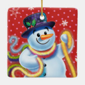 Snowman & tinsel voor kerstboomversiering. keramisch ornament (Achterkant)