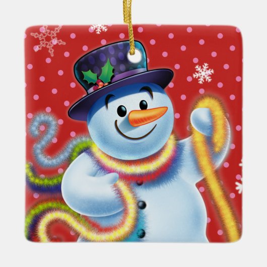 Snowman & tinsel voor kerstboomversiering. keramisch ornament (Voorkant)