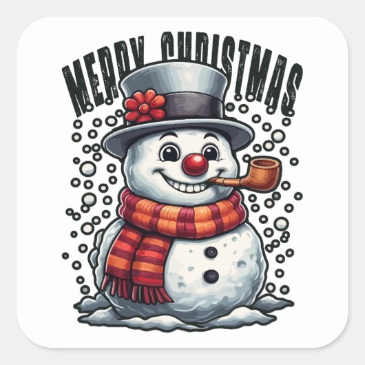 Snowman Top Hat Pipe Merry Christmas Vierkante Sticker (Voorkant)