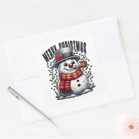 Snowman Top Hat Pipe Merry Christmas Vierkante Sticker (Envelop)