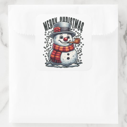 Snowman Top Hat Pipe Merry Christmas Vierkante Sticker (Tas)