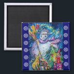 SNOWMAN,TOYS,CHRISTMAS TREE Blue White Snowflakesl Magneet<br><div class="desc">Whimsical,  kleurful en cool Winter night illustratie,  waterverf schilderij in levendig blauw wit,  roze,  kleuren.</div>