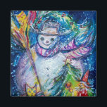 SNOWMAN, TOYS EN CHRISTMAS TREE MAGNEET<br><div class="desc">Colorful , whimsical and grappig acrylverf door Bulgan Lumini (c).Snowy Winter night with snowman, kersttree, toys, cat, owl, puppets, sierental planten and holly berries in levendige geel, blauw, groen, rood, wit roze, kleuren.</div>