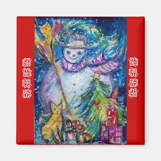 SNOWMAN, TOYS EN CHRISTMAS TREE Red Blue Magneet (Voorkant)
