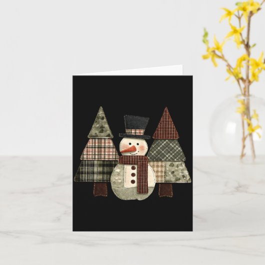 Snowman Trees Patchwork Plaid Trees Rustic Christm Kaart (Gele Bloem)