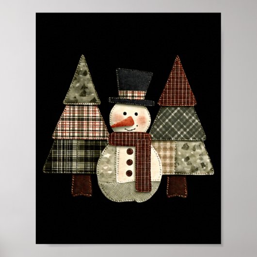 Snowman Trees Patchwork Plaid Trees Rustic Christm Poster (Voorkant)