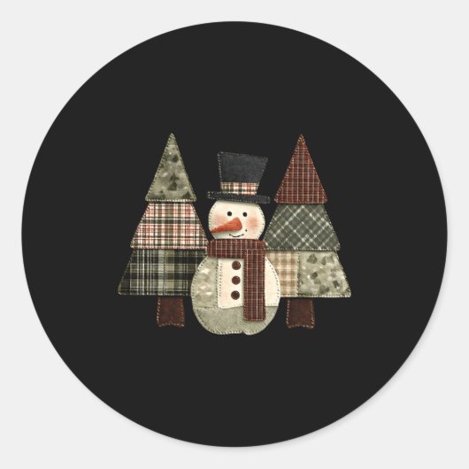 Snowman Trees Patchwork Plaid Trees Rustic Christm Ronde Sticker (Voorkant)