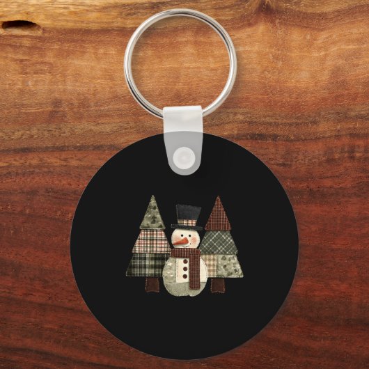 Snowman Trees Patchwork Plaid Trees Rustic Christm Sleutelhanger (Voorkant)