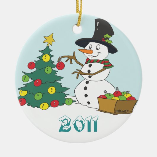 Snowman Trimming Tree Keramisch Ornament (Voorkant)