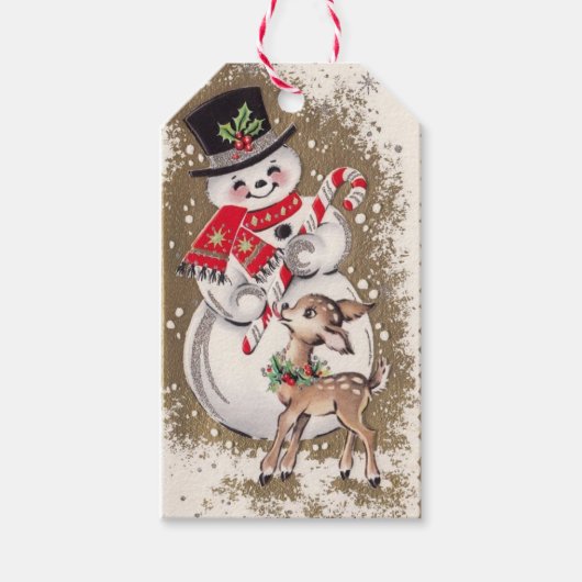  Snowman uit de jaren '50 met Baby Deer Cadeaulabel (Voorkant)