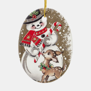  Snowman uit de jaren '50 met Baby Deer Keramisch Ornament