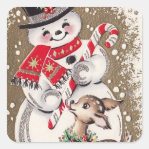  Snowman uit de jaren '50 met Baby Deer Vierkante Sticker
