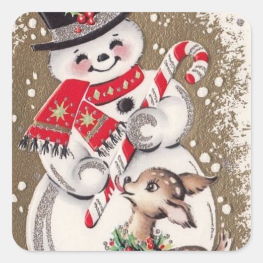 Snowman uit de jaren '50 met Baby Deer Vierkante Sticker (Voorkant)