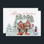 Snowman van ons Huis tot uw kerstdag Feestdagenkaart<br><div class="desc">Vrolijk kerstfeest van ons Huis tot u - een warme,  luie kerstscène met een heerlijk kerstfeest met sneeuw bedekte dennenbomen,  sneeuwmannen in de tuin en feestelijke worsten die de ramen en de baksteeningang versieren. Een schattige Schotse doodsbang wacht op zijn volk.</div>