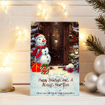 Snowman Vintage-kerstkaart Kaart<br><div class="desc">Dit in een schattig Kerst wenskaart om naar uw klanten, toeleveranciers of klanten te sturen. De kaart toont een scène van een schattige sneeuwman met geschenken aan de voordeur van een huis in een waterverf afbeelding. Alle tekst op de kaart is aanpasbaar. Als u geen tekst op de achterkant van...</div>