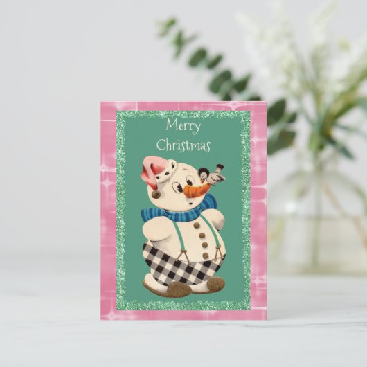 Snowman Vintage Kerstmis Feestdagenkaart (Staand voorkant)