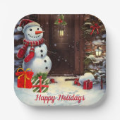 Snowman Vintage Kerstmis Scene Papieren Bordje (Voorkant)