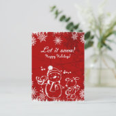 Snowman, vogel en hond over de rode achtergrond briefkaart (Staand voorkant)