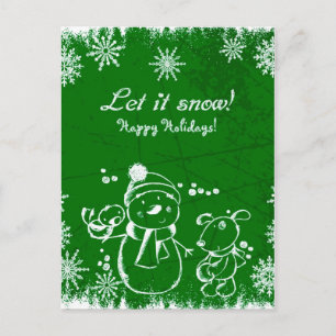 Snowman, vogel en hond over groene achtergrond briefkaart