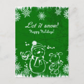 Snowman, vogel en hond over groene achtergrond briefkaart (Voorkant)